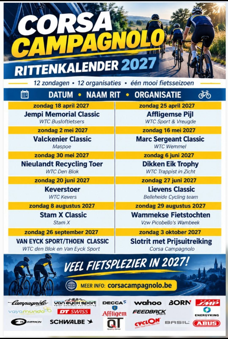Officiële kalender met alle twaalf Corsa-fietstochten van 2027